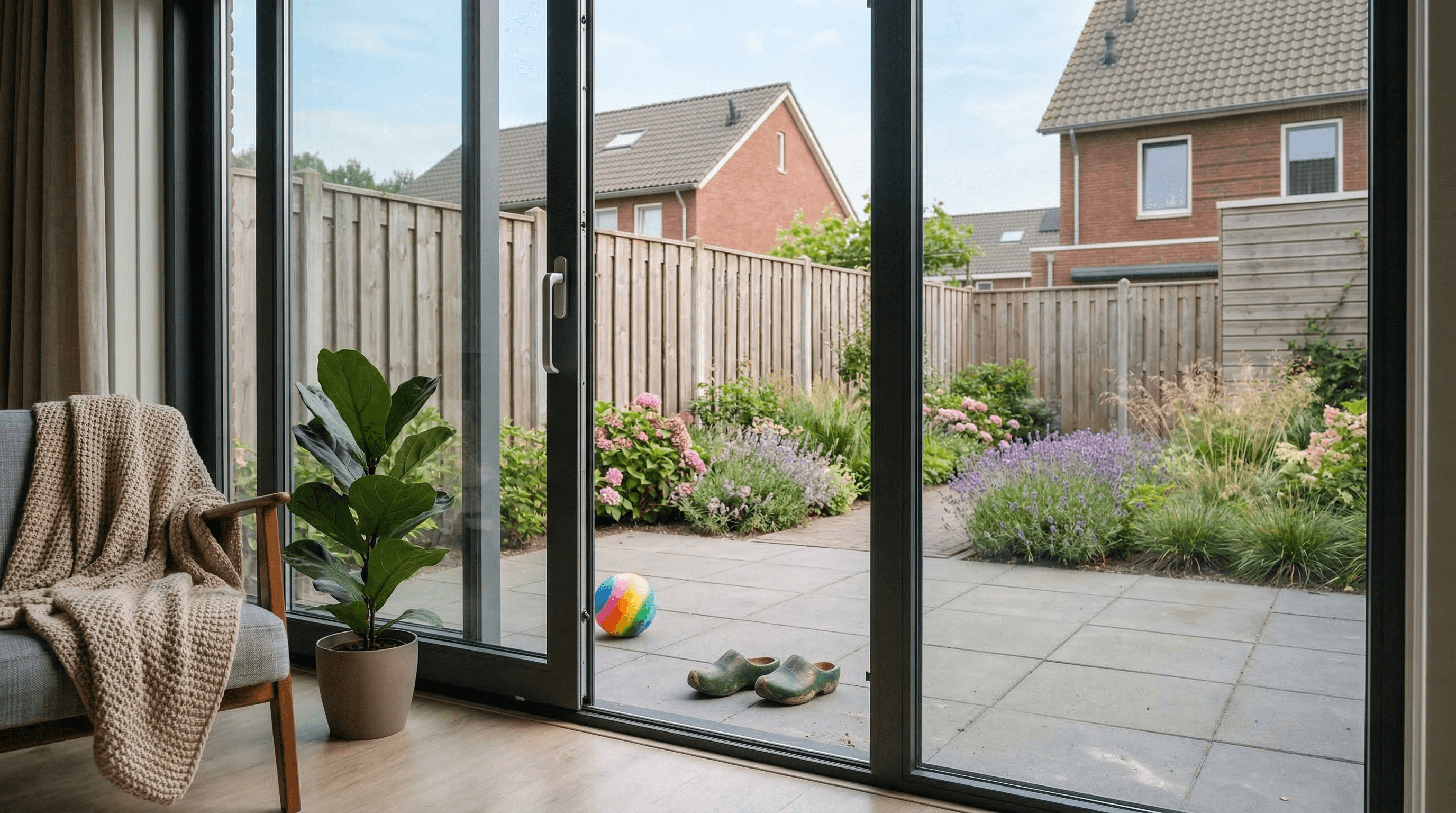 2-delige aluminium schuifpui antraciet – interieur woonkamer met bloementuin