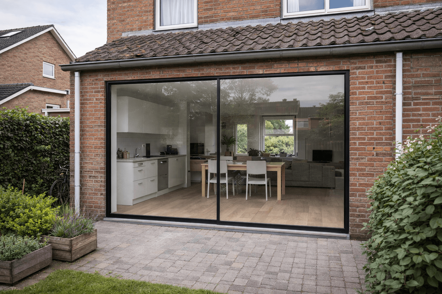 Kunststof schuifpui 2-delig zwart in klassieke baksteen woning