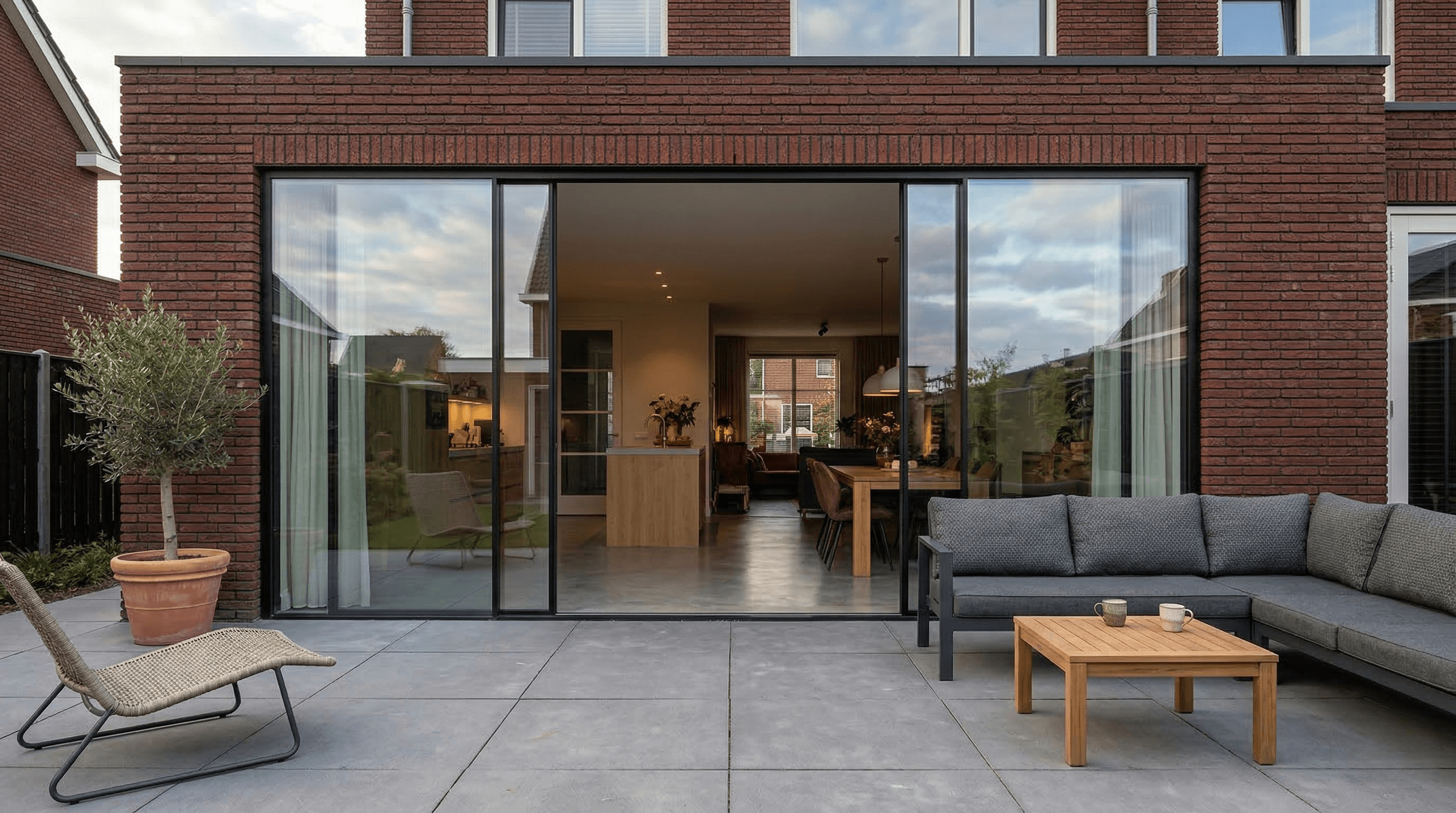 3-delige aluminium schuifpui antraciet – grote woning met loungetras