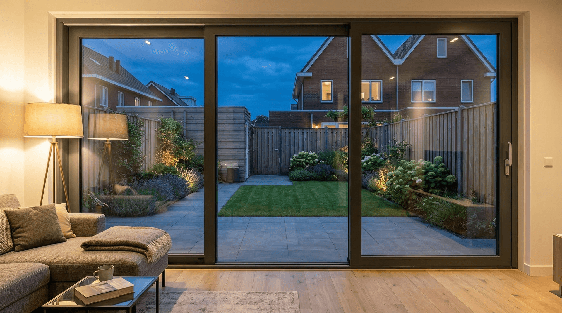 Moderne aluminium schuifpui vanuit warm verlichte woonkamer richting tuin — warmteverlies illustratie