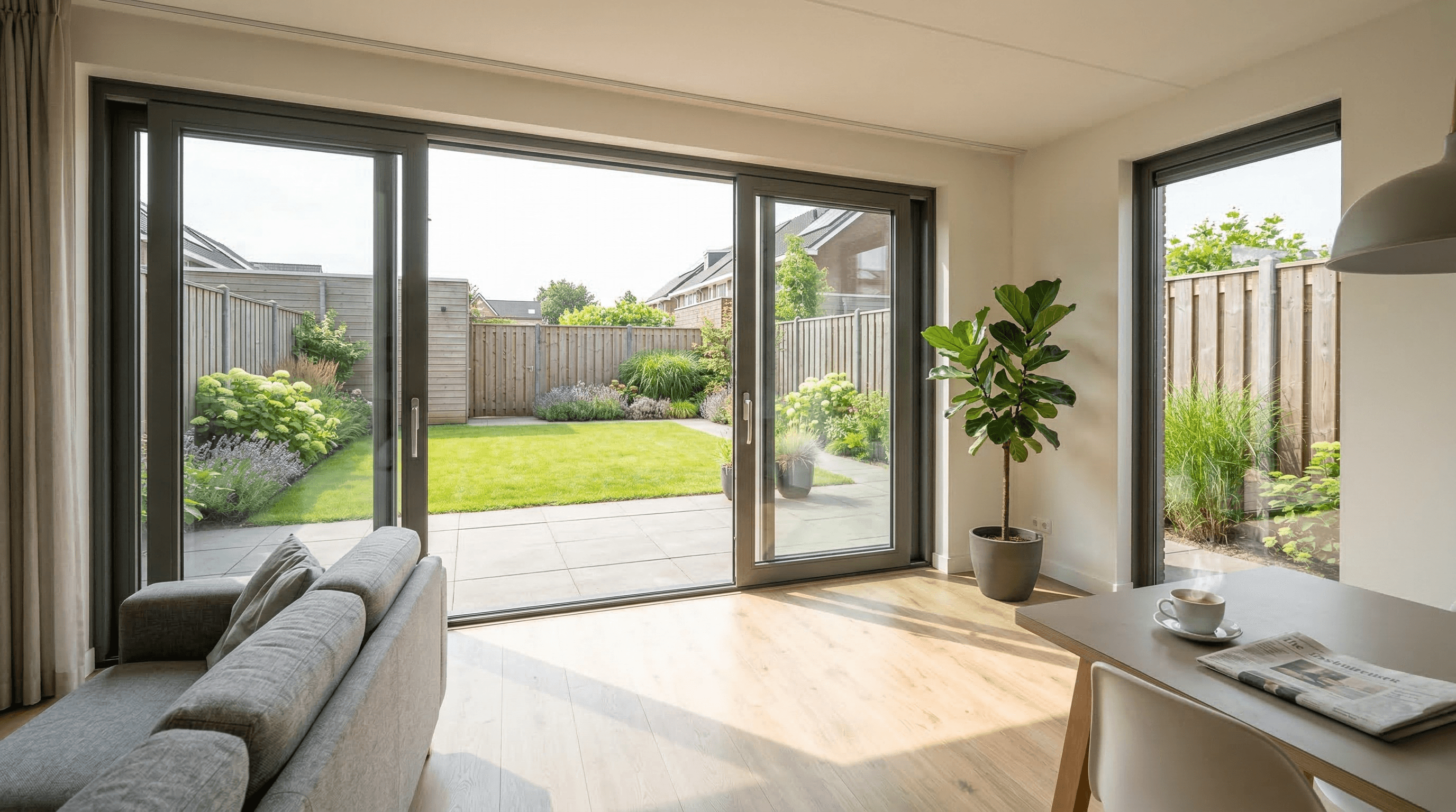 3-delige aluminium schuifpui antraciet – lichte woonkamer met uitzicht op tuin