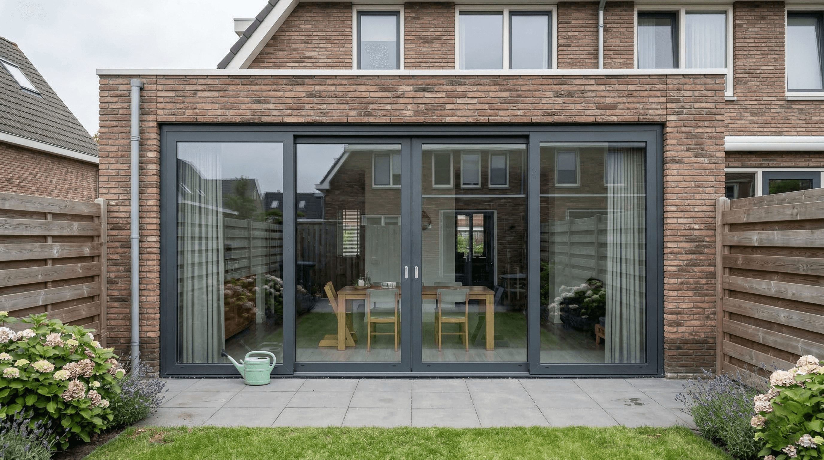 3-delige aluminium schuifpui antraciet – moderne rijwoning met open tuin