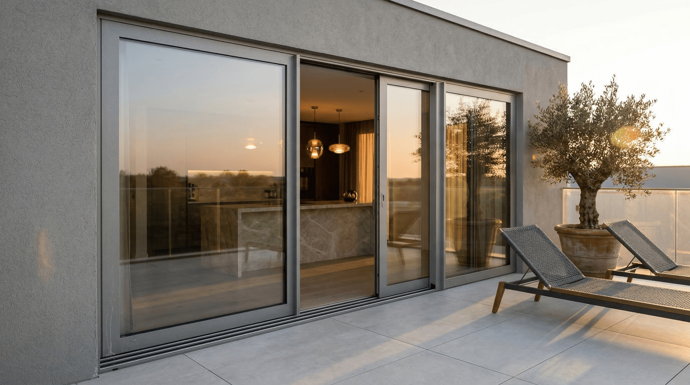 Zilvergrijs aluminium schuifpui op dakterras – Amsterdam