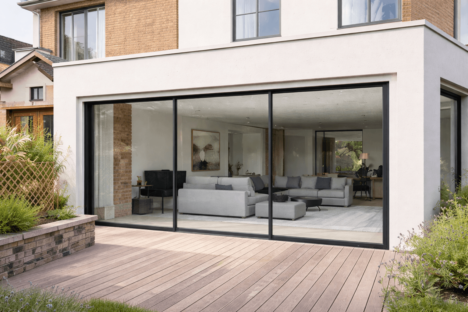 Aluminium schuifpui 3-delig zwart in moderne woonkamer uitbouw