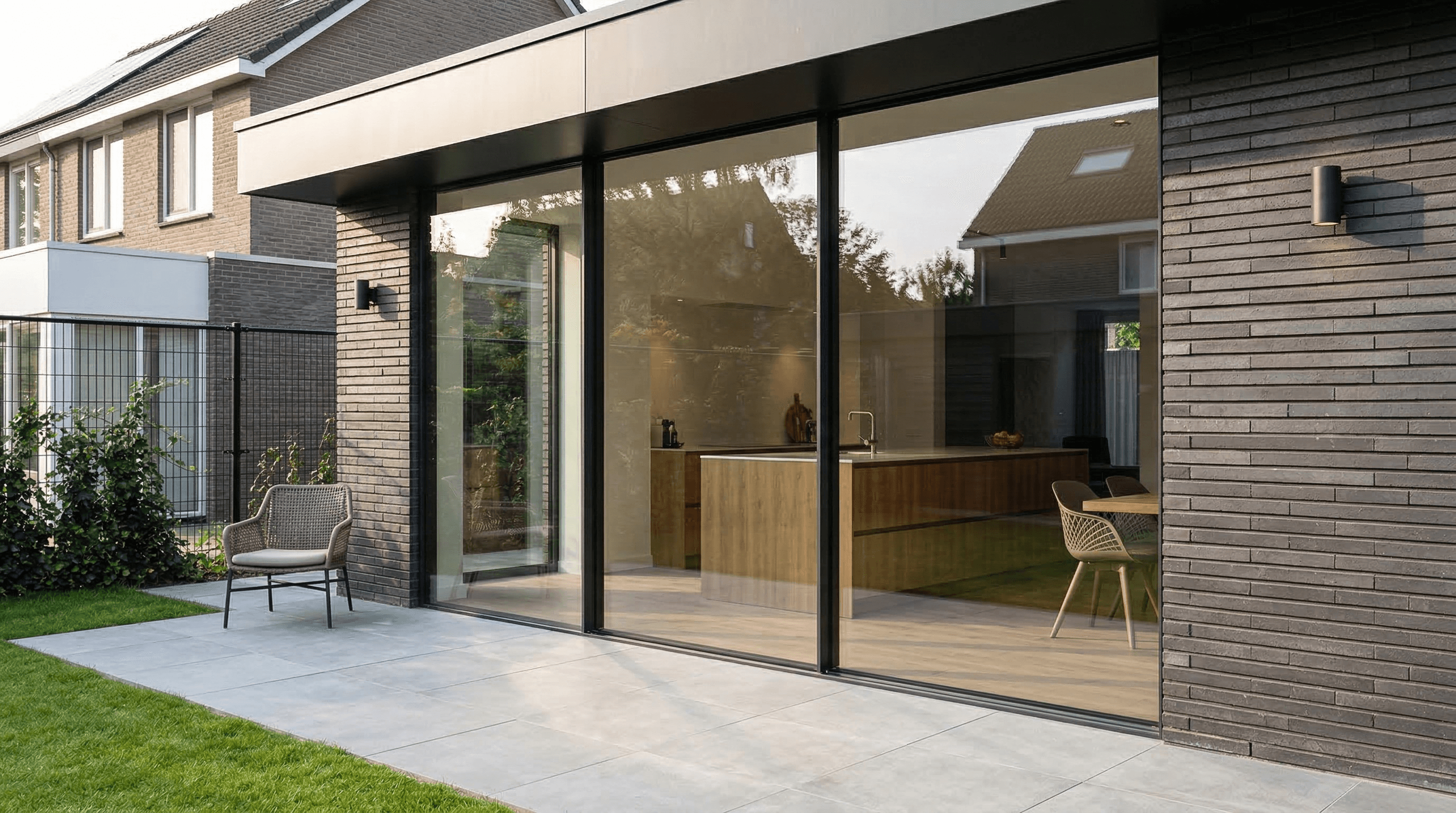 Zwarte schuifpui bij moderne donkere baksteenkeuken