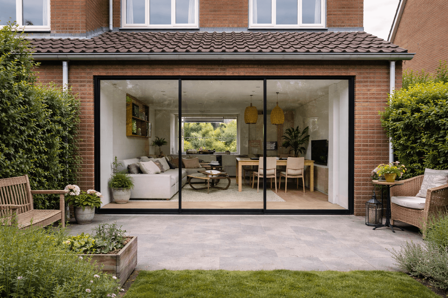 Steellook schuifpui in uitbouw met eettafel – Amsterdam