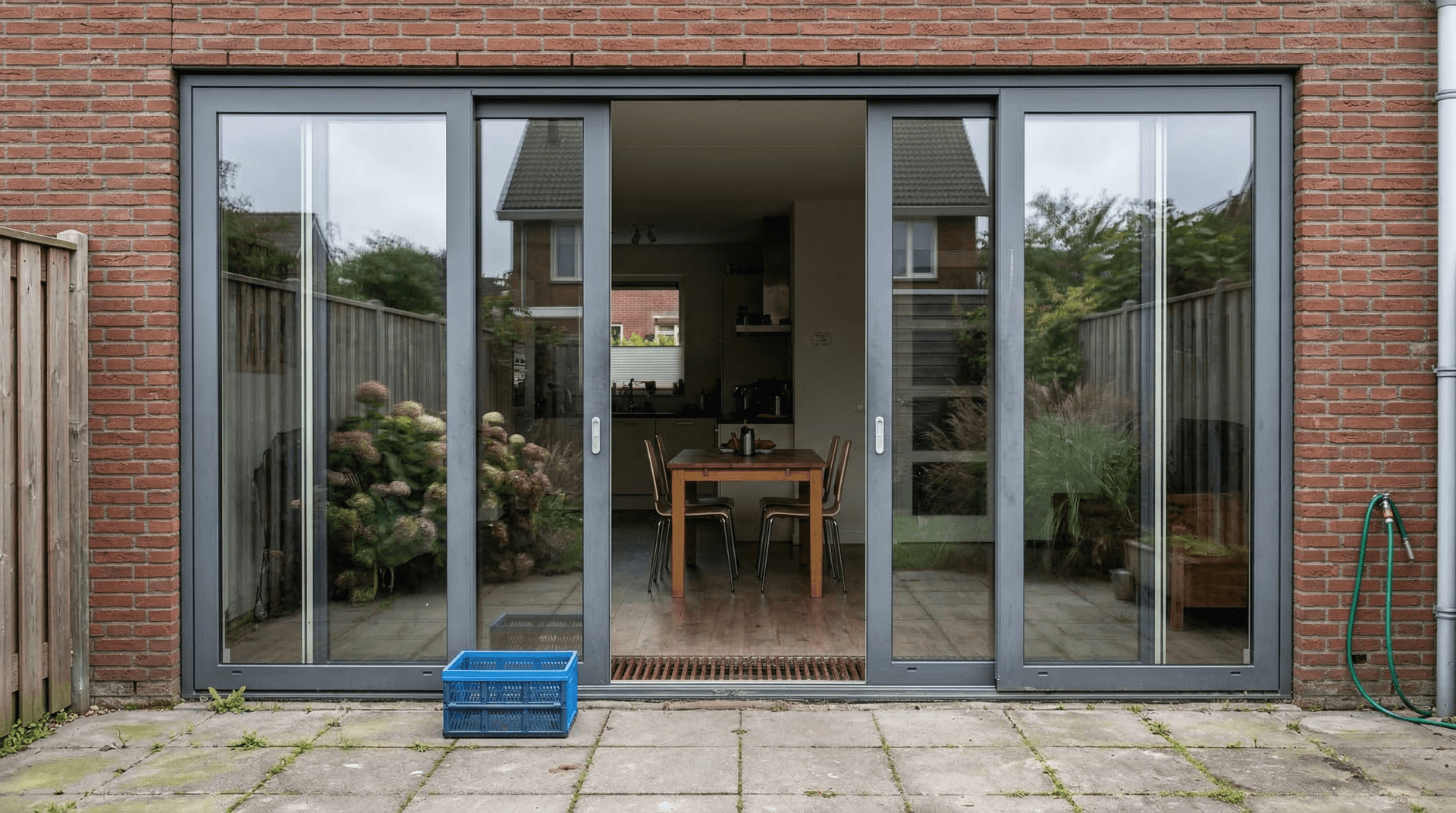 4-delige aluminium schuifpui antraciet – baksteen gevel met eethoek exterieur