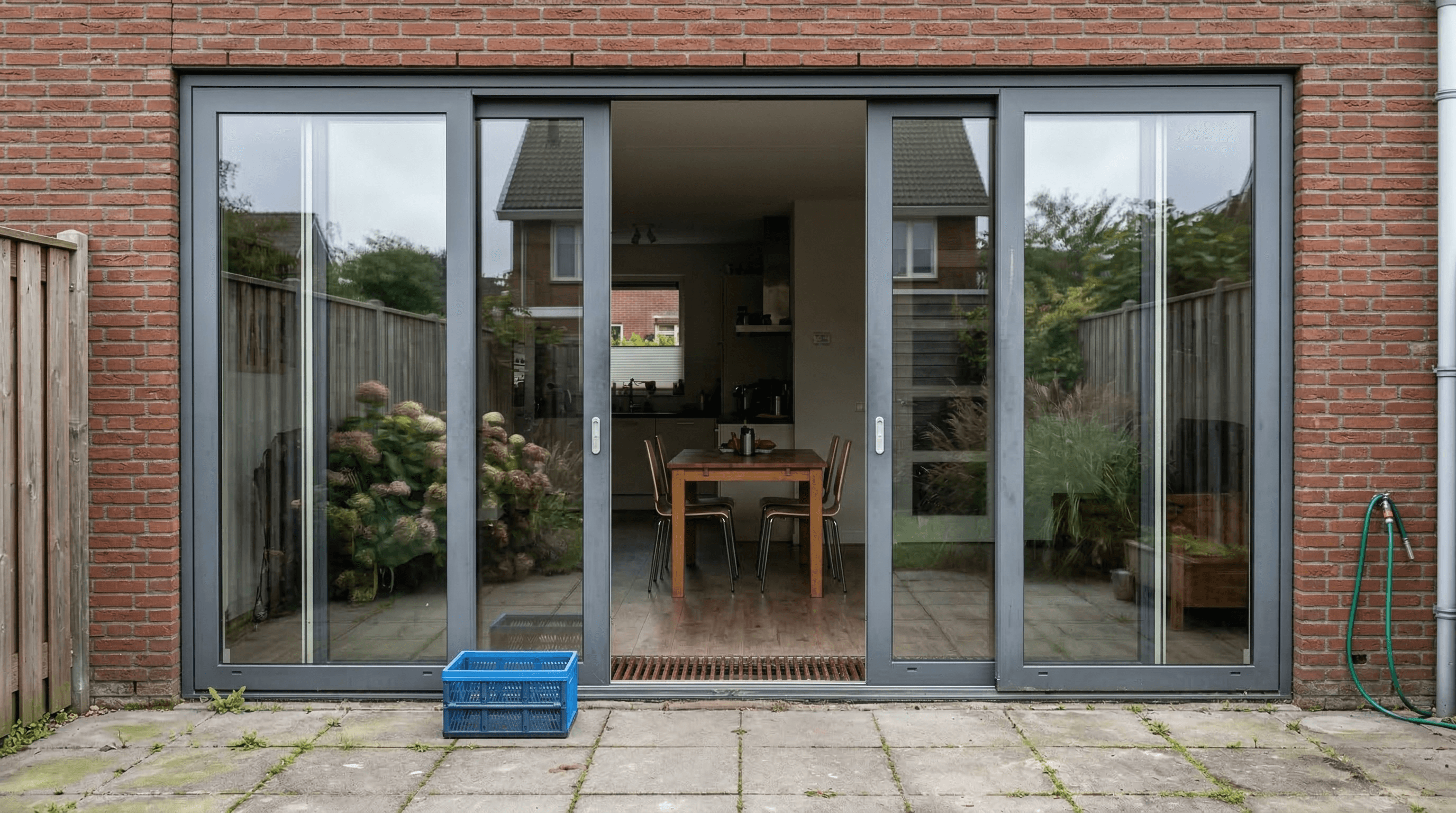 4-delige aluminium schuifpui antraciet – baksteen gevel met eethoek exterieur