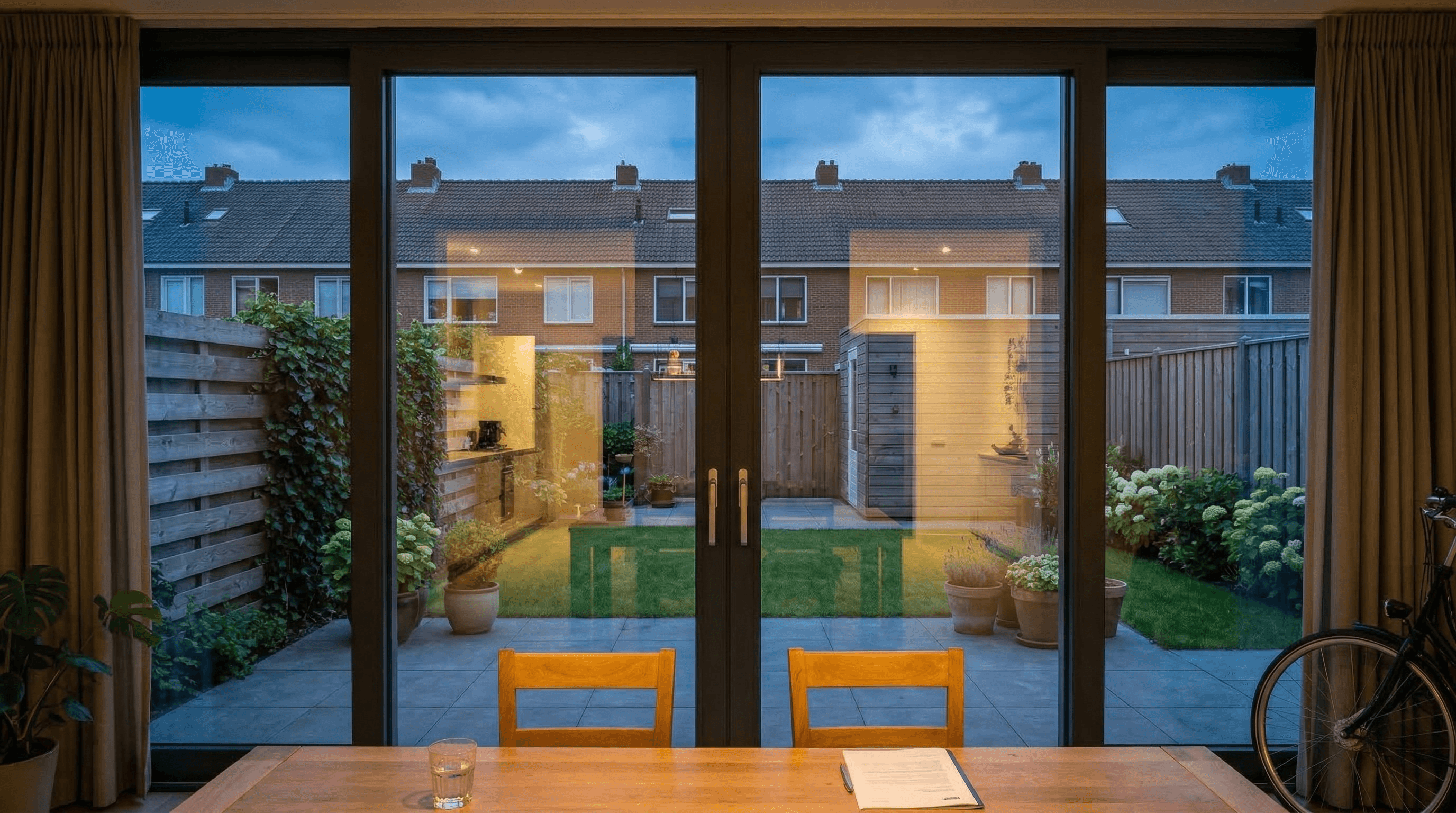 4-delige aluminium schuifpui antraciet – eethoek met uitzicht op tuin in de avond