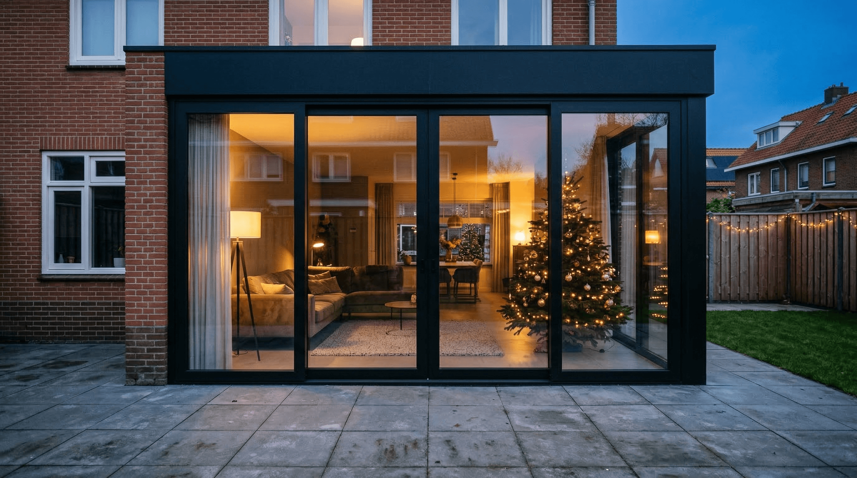 4-delige aluminium schuifpui zwart – aanbouw met kerstsfeer in de avond