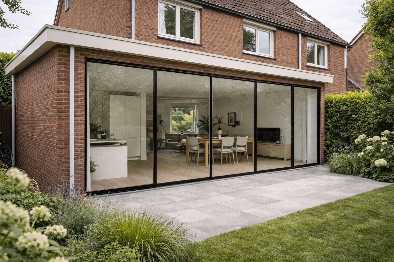 Grote aluminium schuifpui 4-delig zwart in uitbouw met keuken