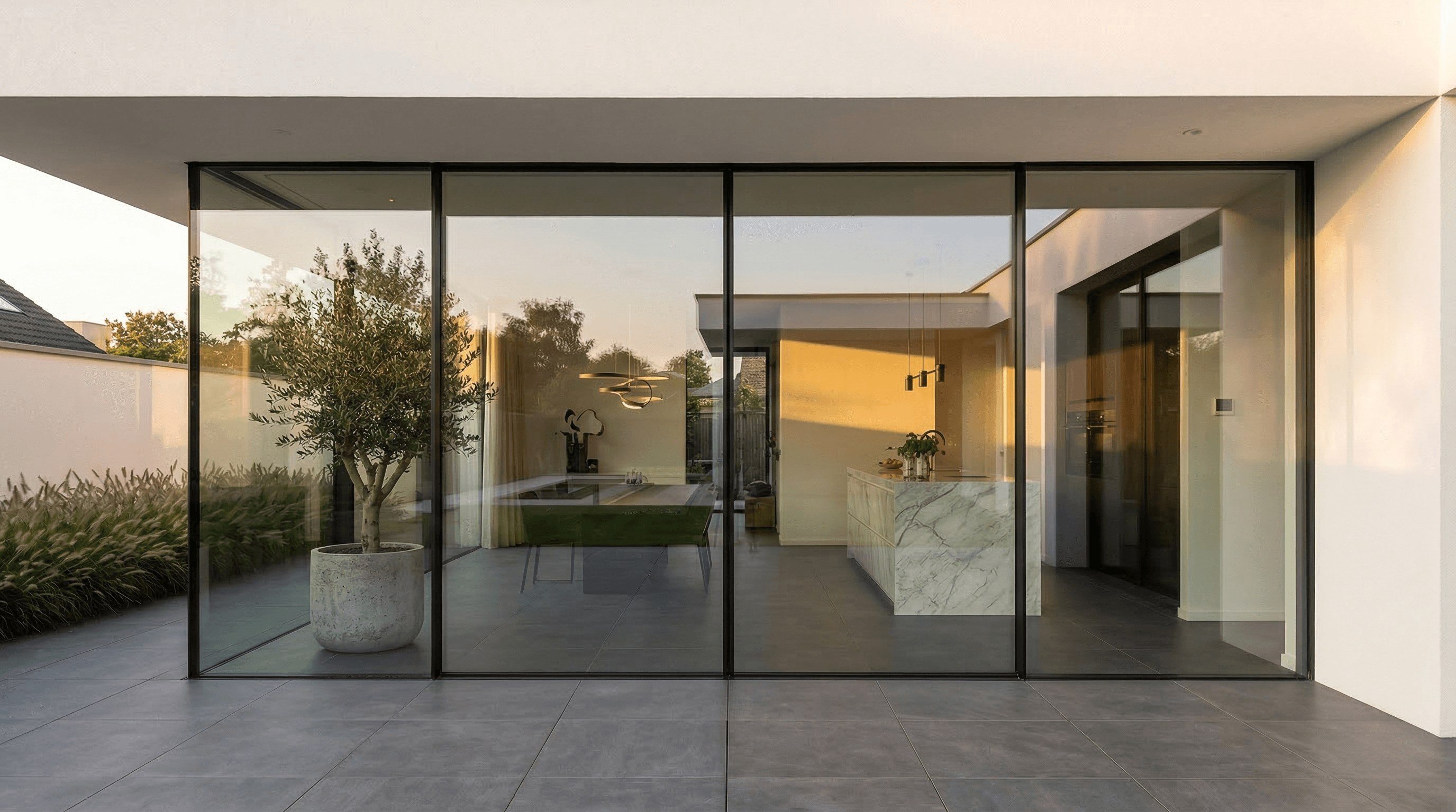 Cortizo schuifpui zwart – villa met ultra-slanke profielen in de avond