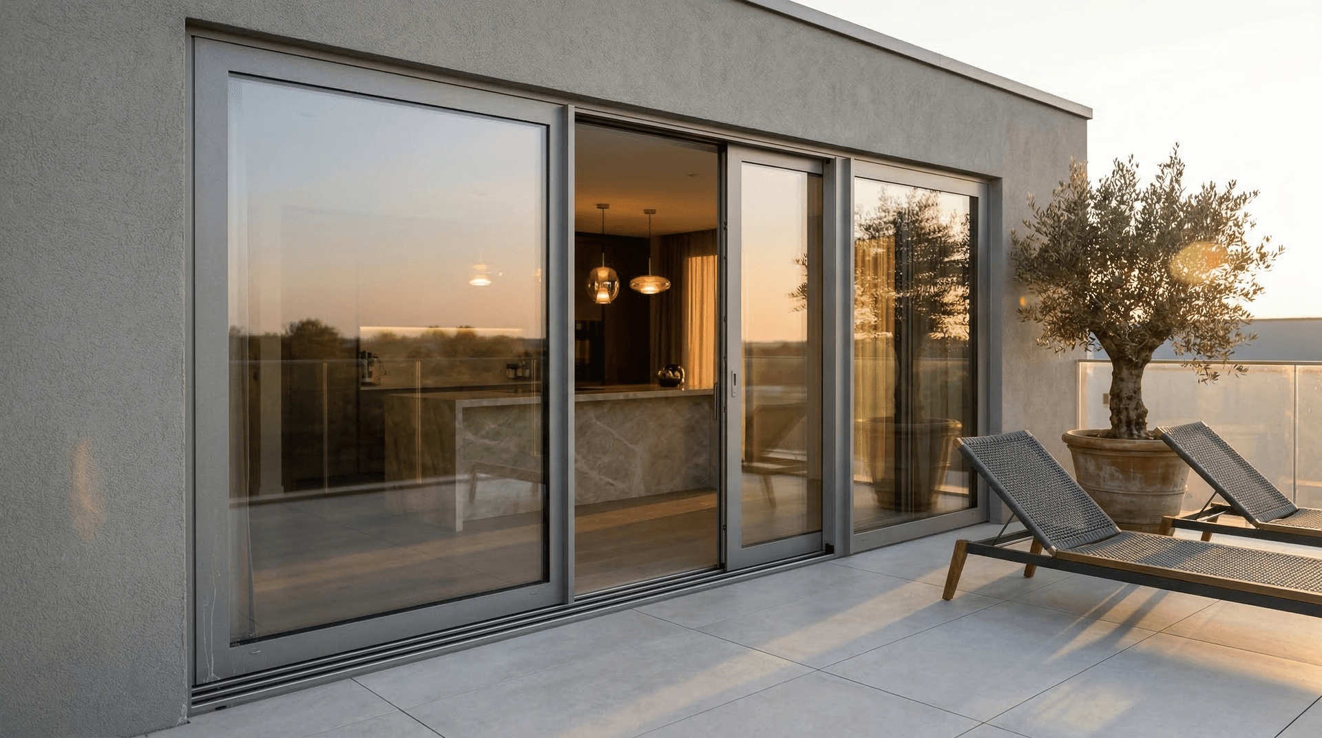 Witte en lichtgrijze aluminium schuifpui op terras — kleurkeuze voor schuifpuien