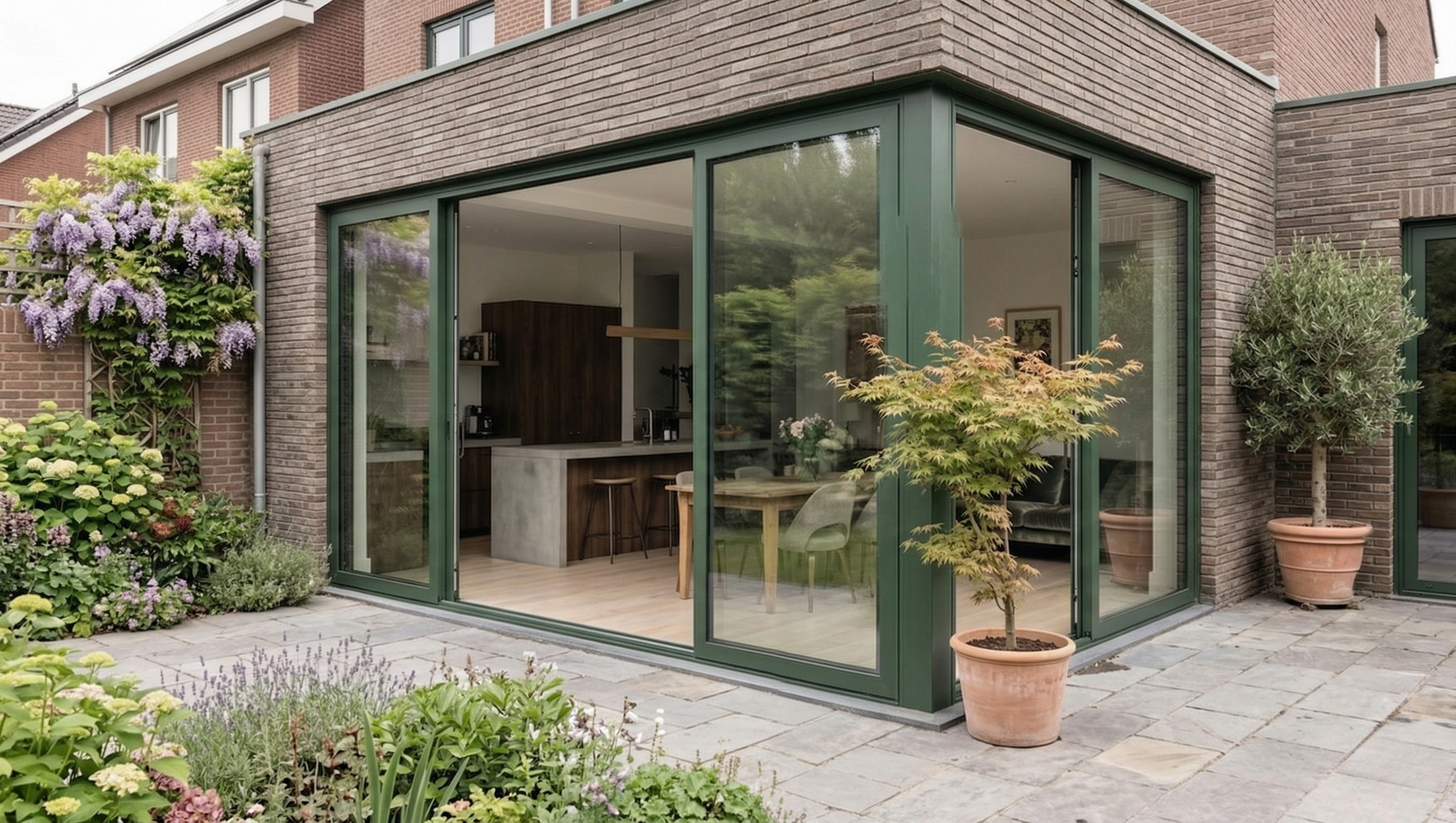 Groene aluminium schuifpui in tuin — achtergevel hoekversie