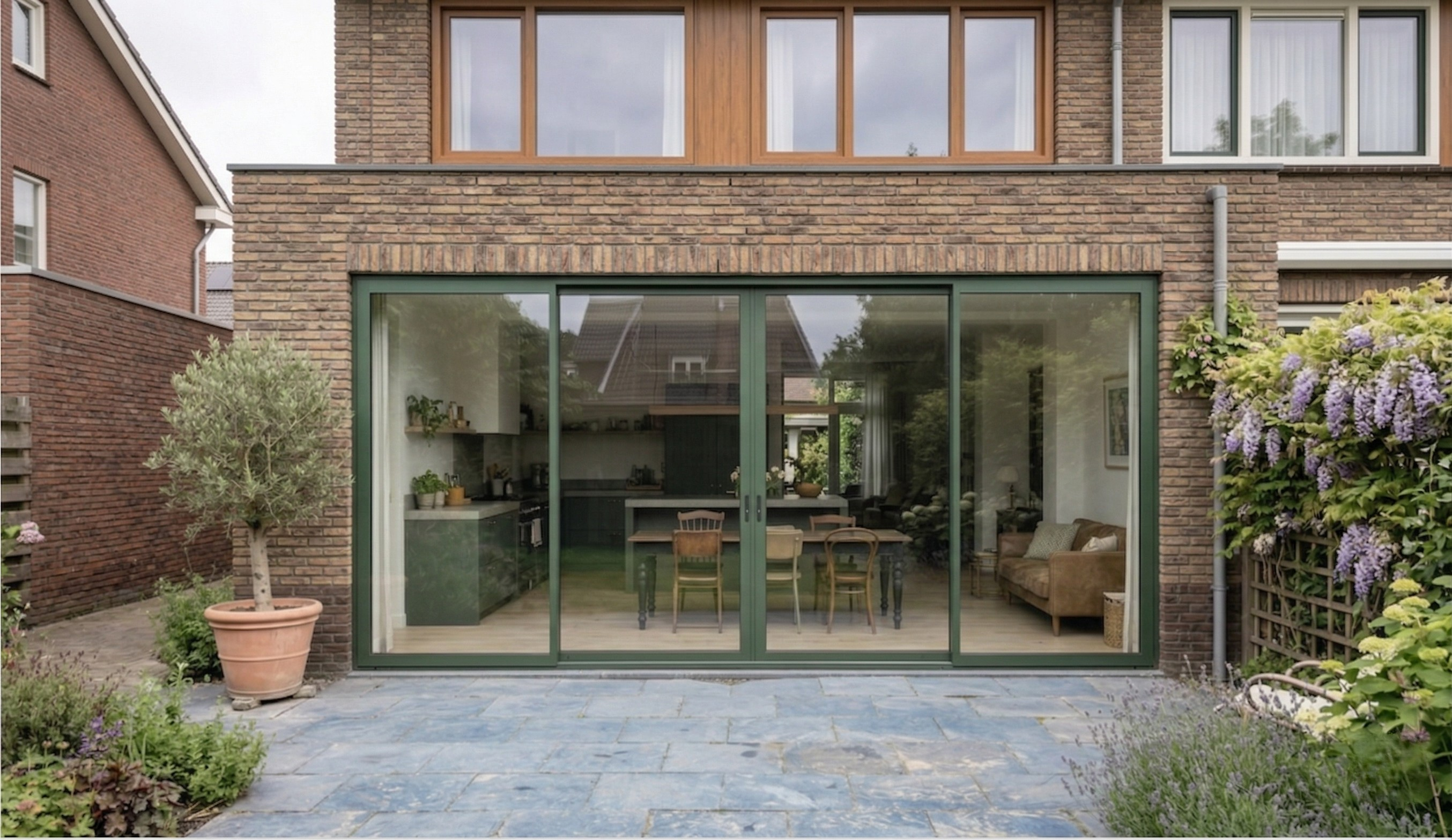 Groene schuifpui gecombineerd met houtlook kozijnen