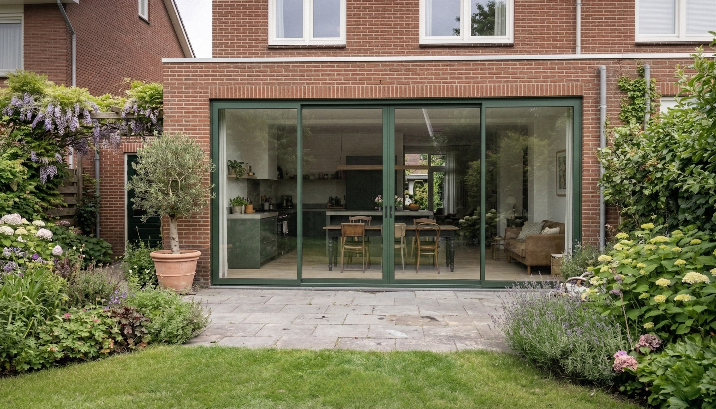 Groene aluminium schuifpui RAL 6009 dennengroen — 4-delig